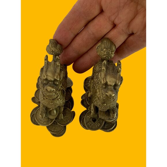 VTG Brass FengShui Foo Dogs Pair Dragon Figures Pi Xiu Figurines Lucky 3" 7892 - Picture 4 of 11